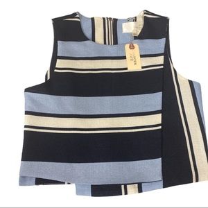 J.O.A. Francis Jaye Stripe Crop‎ Top Front Wrap Lined Sleeveless Blue White S